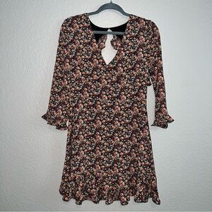 Top Shop Womens Floral V-Neck Long Sleeve Ruffle Mini A-Line Dress Black Size 8